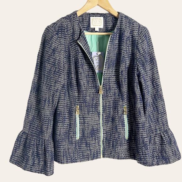 Sail to Sable Navy Blue Tweed Zip Up Bell Sleeve Jacket Size Small - Picture 1 of 9